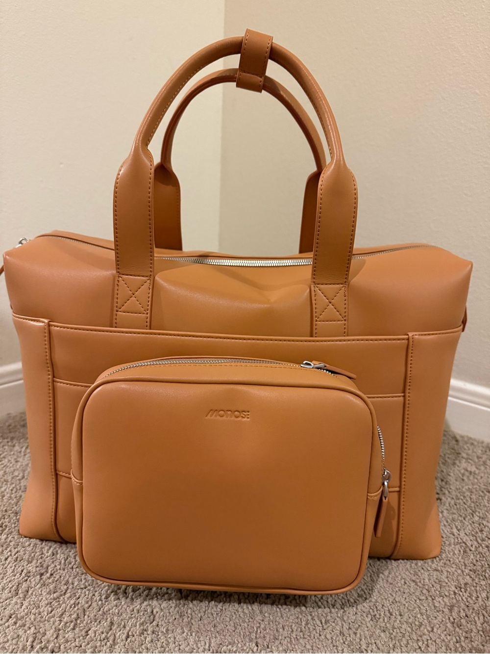 MONOS Metro Saddle Tan Vegan Leather Duffel with Detachable Pouch